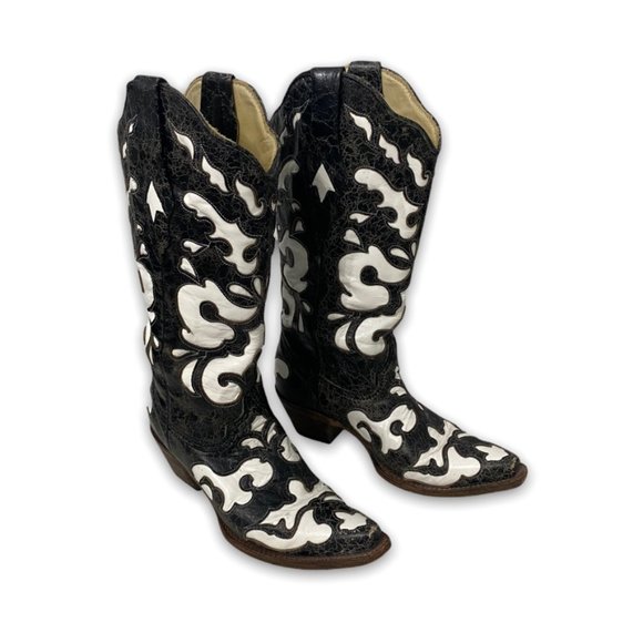 Corral Shoes - Corral Leather Snip Toe Western Cowboy Boots - Black & White, Size 6M